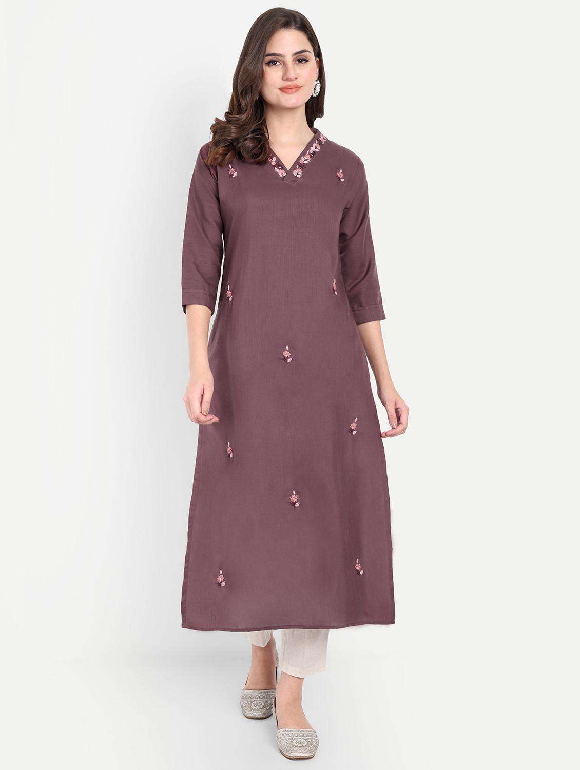 women embroidered three quarter sleeve kurta