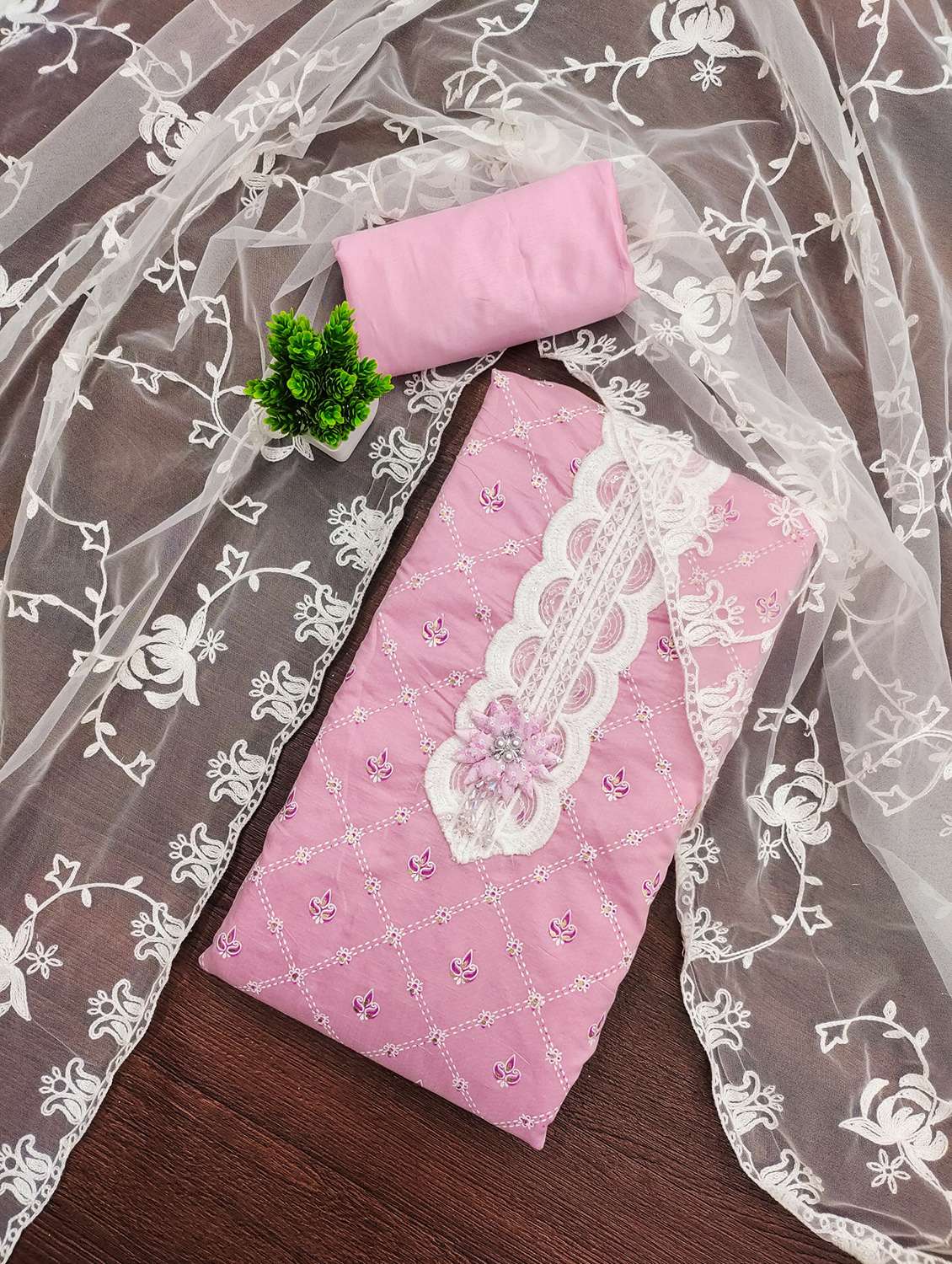 women solid with work embroidered unstitched suit set