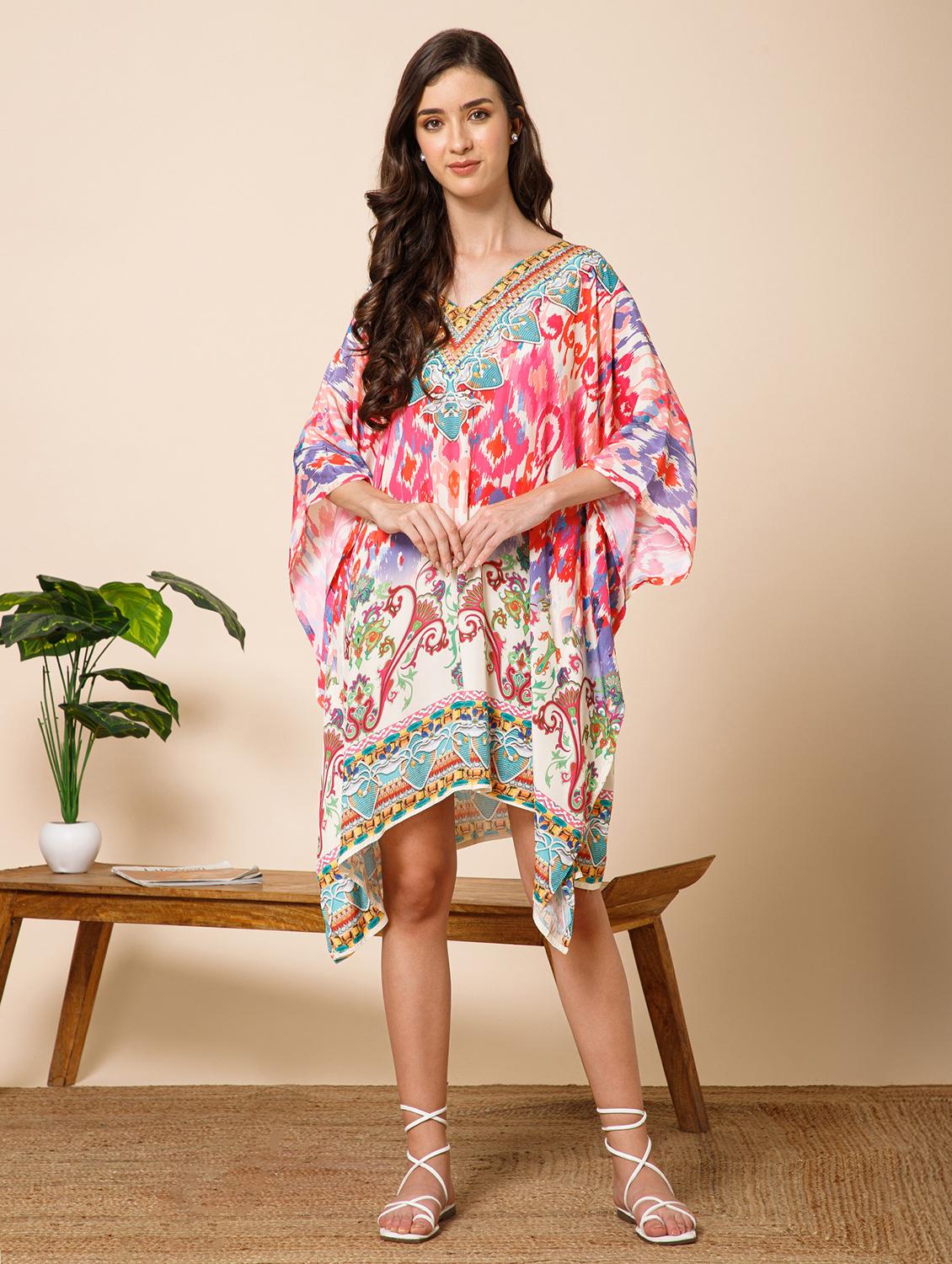 women printed kimono sleeve kaftan dress