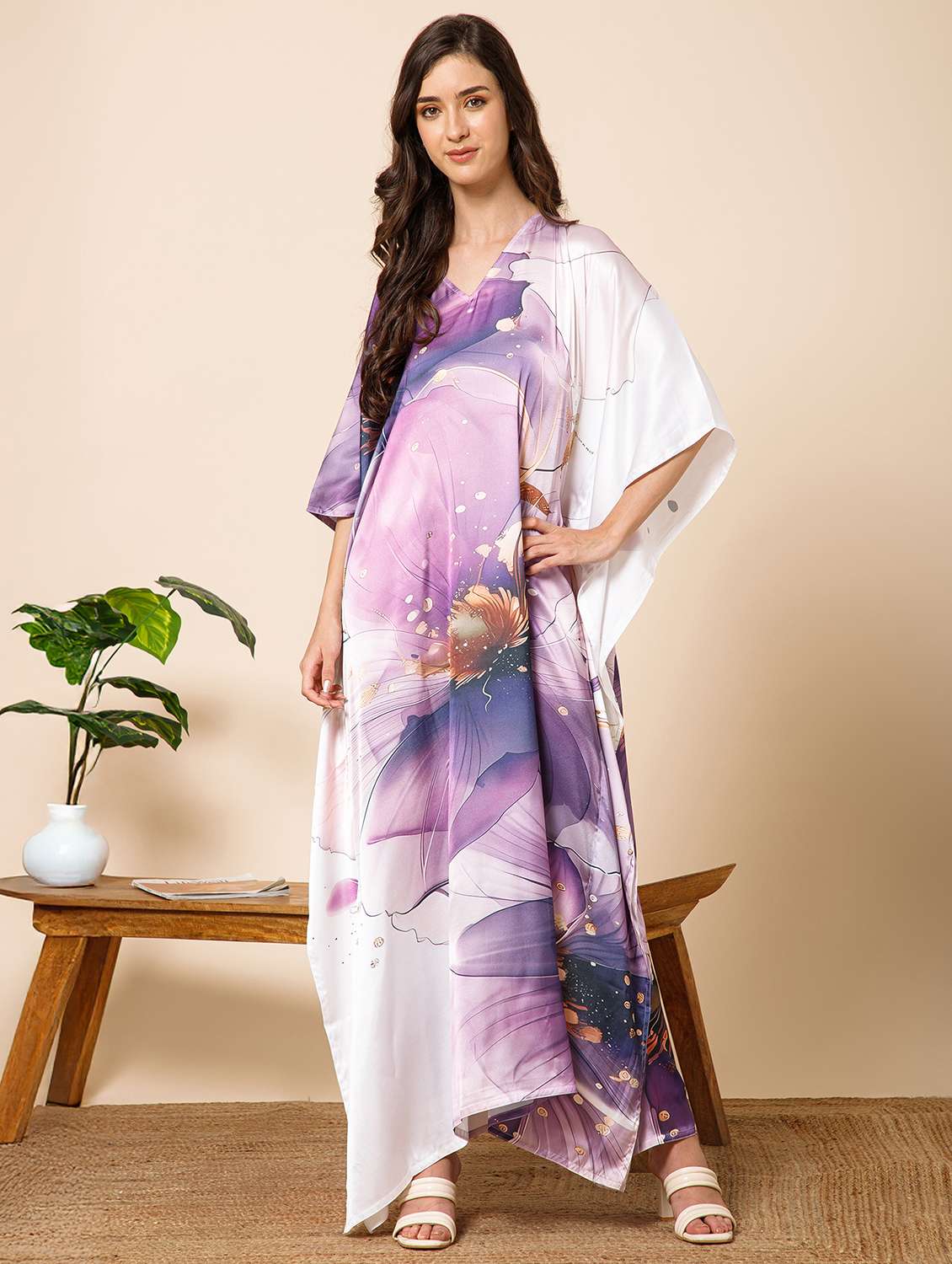 women printed kimono sleeve kaftan maxi dress