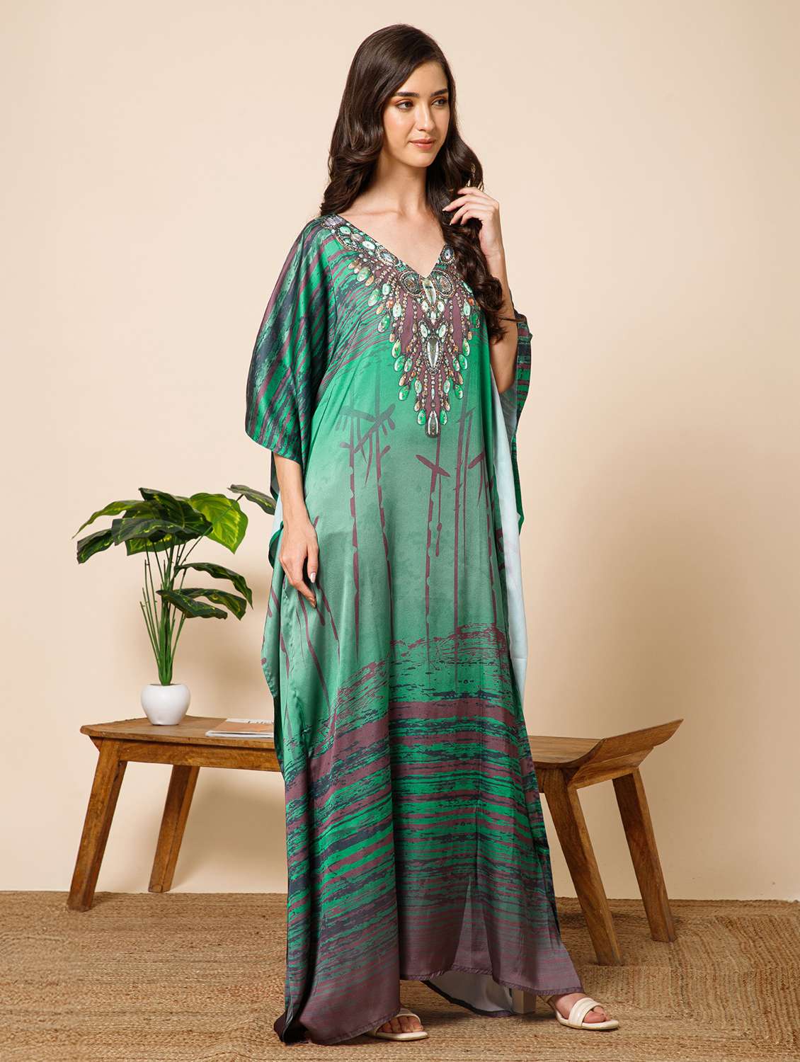 women printed kimono sleeve kaftan maxi dress