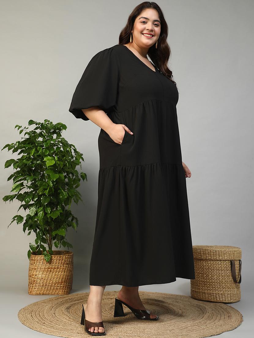 women plus size solid flared sleeve tiered dress - 21981174 - Standard Image - 3