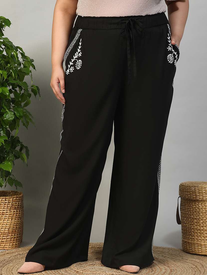 women plus size solid mid rise wide leg trouser