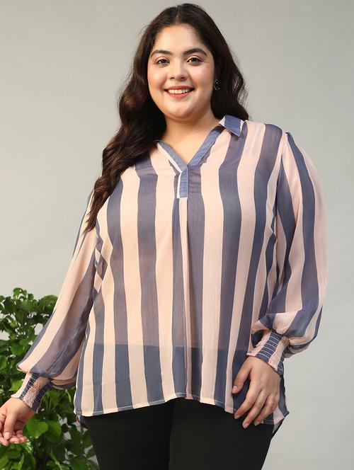 women plus size striped collared puff sleeve top - 21981207 - Standard Image - 0