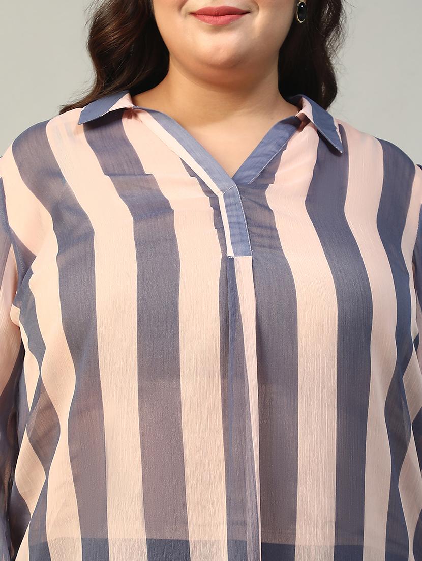 women plus size striped collared puff sleeve top - 21981207 - Standard Image - 3