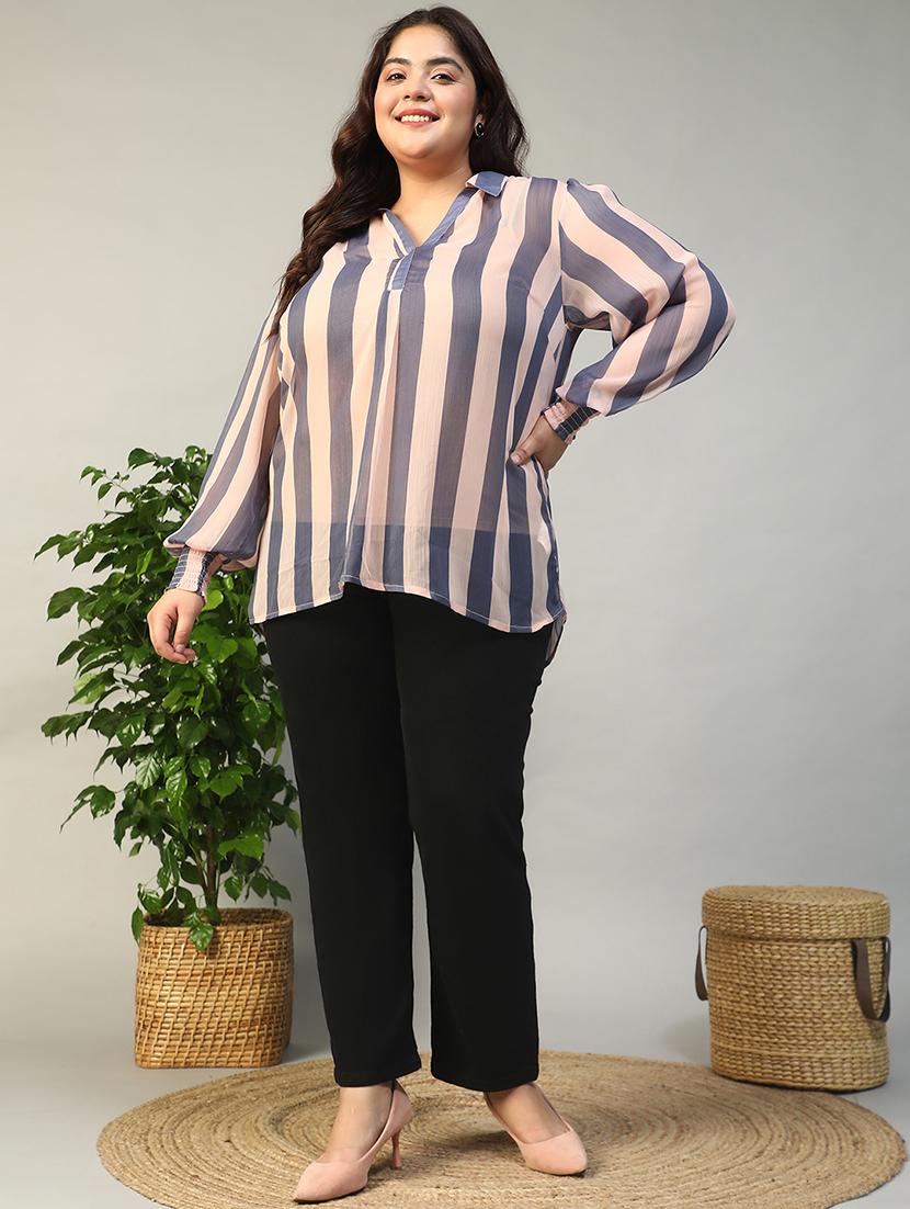 women plus size striped collared puff sleeve top - 21981207 - Standard Image - 5