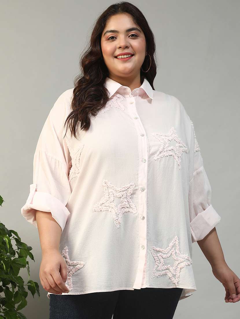 women plus size embroidered collared long sleeve shirt