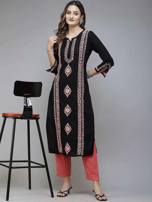 women embroidered long sleeve straight kurta - 21981257 -  Standard Image - 0