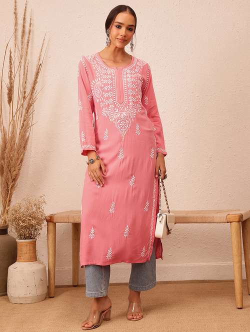women long sleeve chikankari straight kurta - 21981304 -  Standard Image - 0