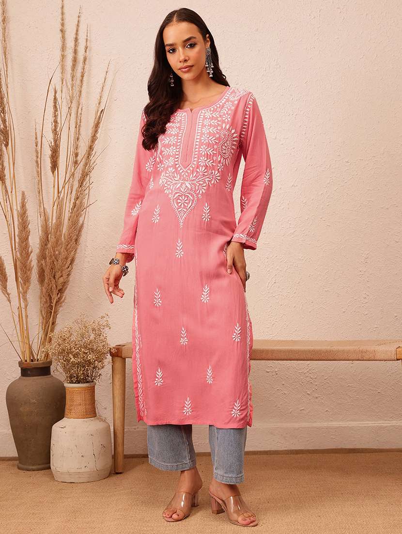 women long sleeve chikankari straight kurta - 21981304 -  Standard Image - 3