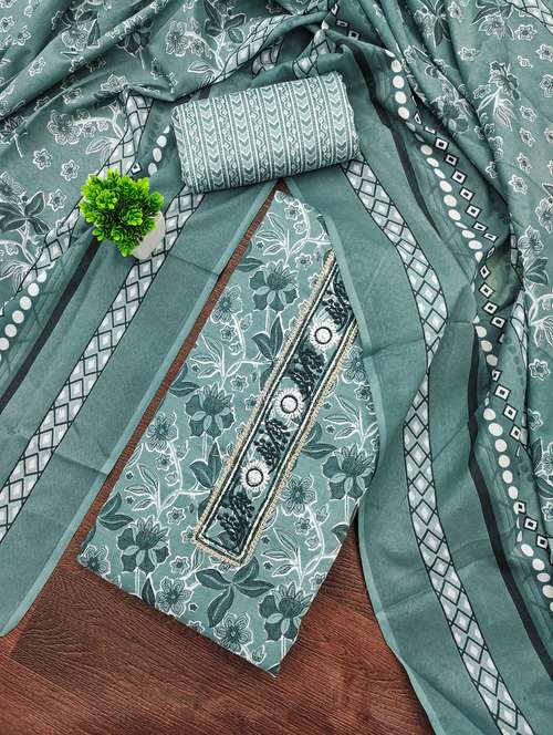 women printed with embroidery work unstitched suit set - 21981309 -  Standard Image - 0