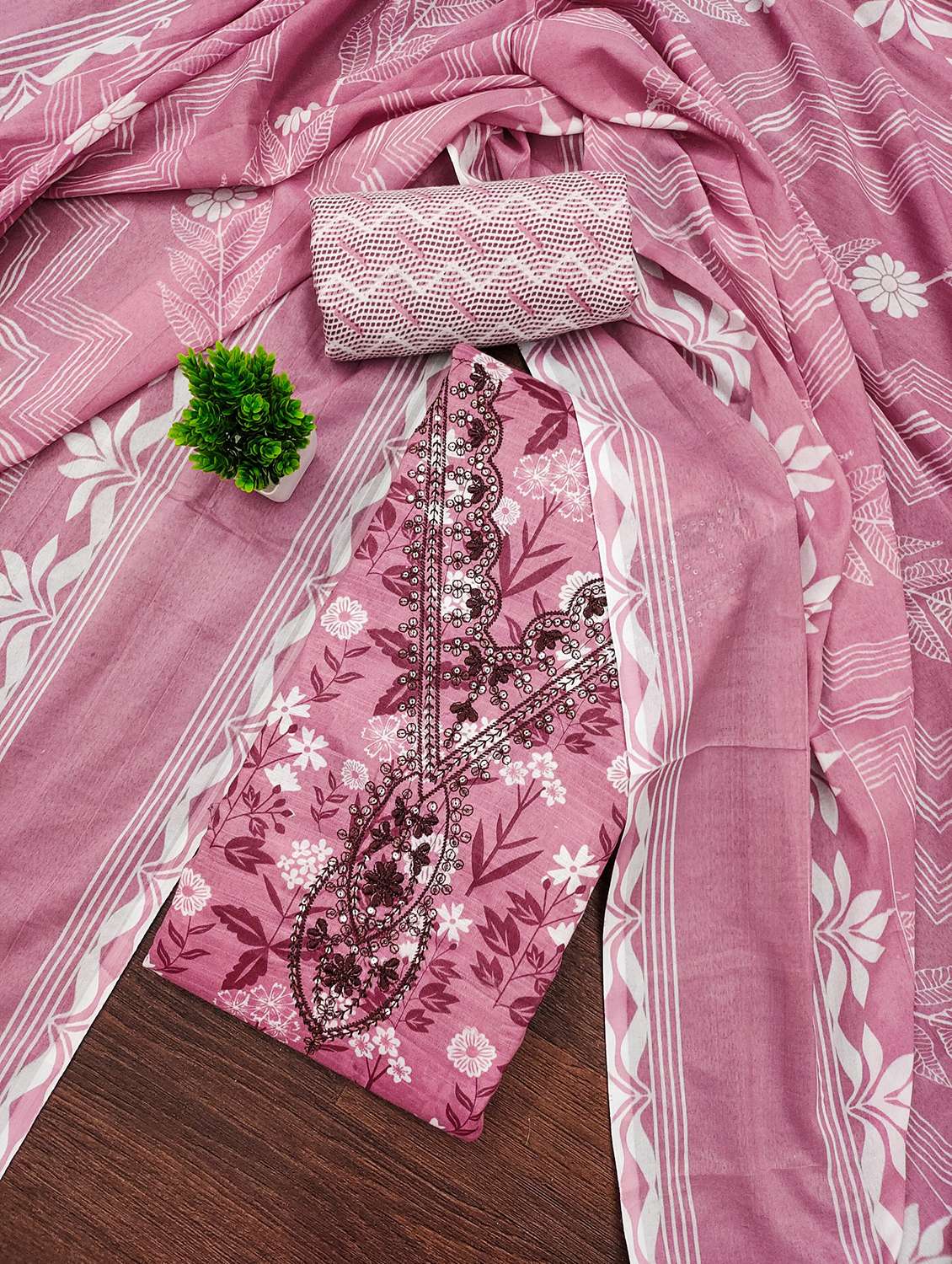 women printed with embroidery work unstitched suit set