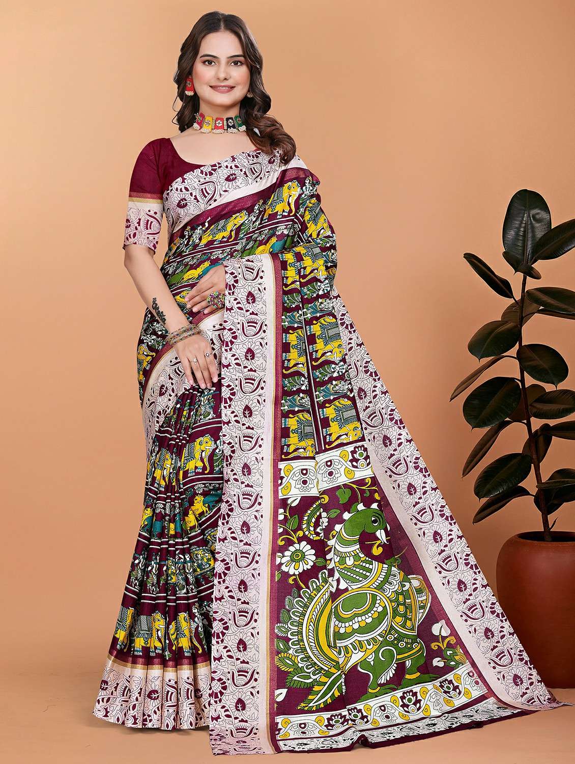 women kalamkari printed saree with blouse - 21981354 -  Zoom Image - 0