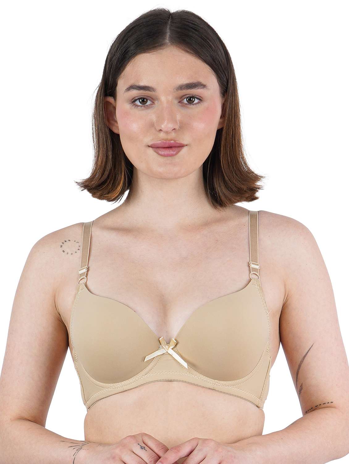 women beige solid underwired push up bra