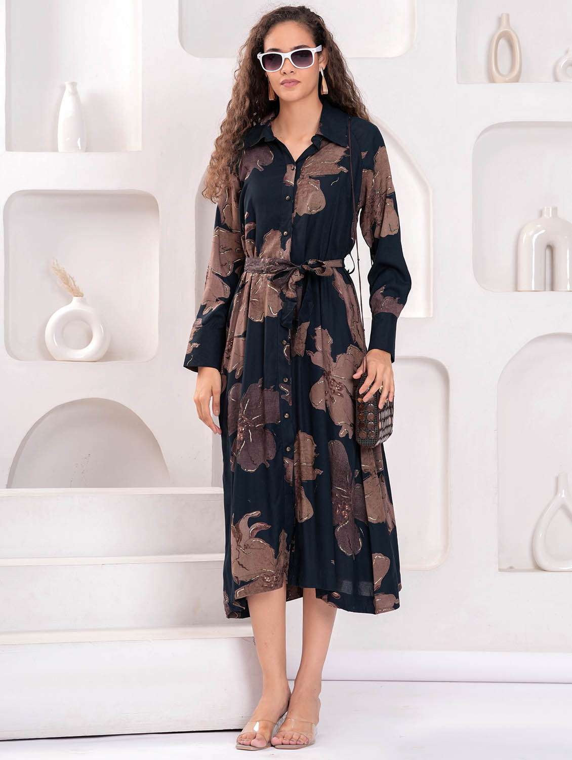 women floral print long sleeve collared shirt dress