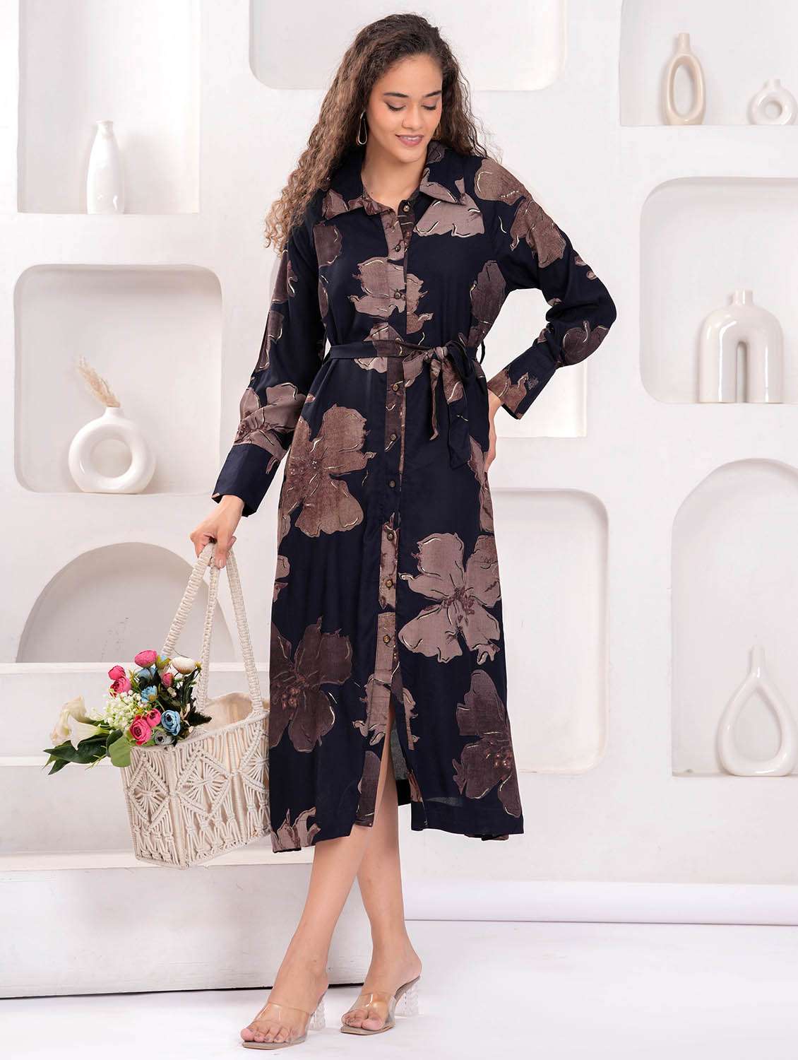 women floral print long sleeve collared shirt dress - 21981539 - Zoom Image - 0