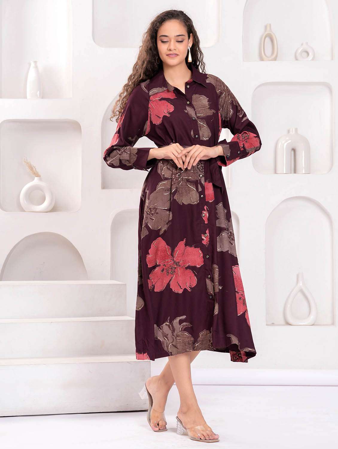 women floral print long sleeve collared shirt dress - 21981540 - Zoom Image - 0