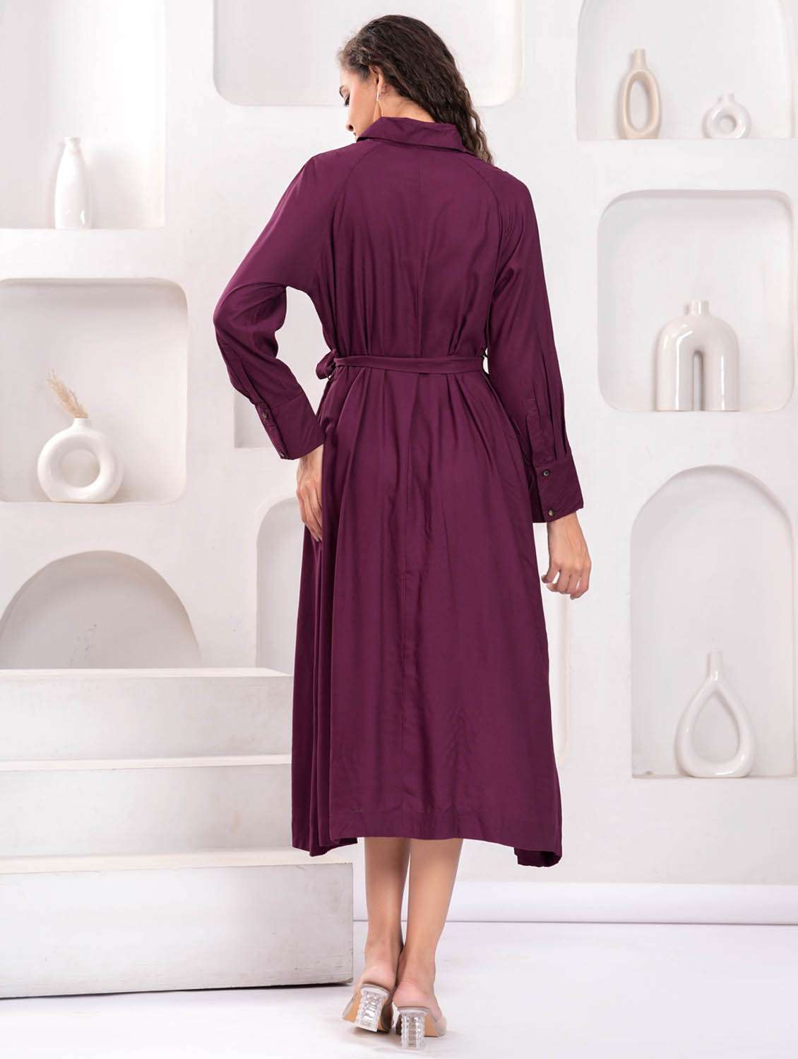 women solid long sleeve collared shirt dress - 21981543 -  Standard Image - 3