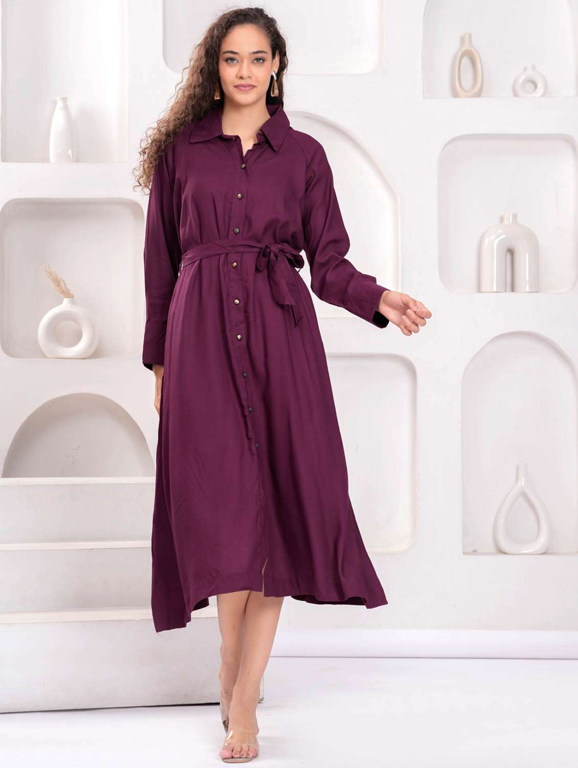 women solid long sleeve collared shirt dress - 21981543 -  Standard Image - 5