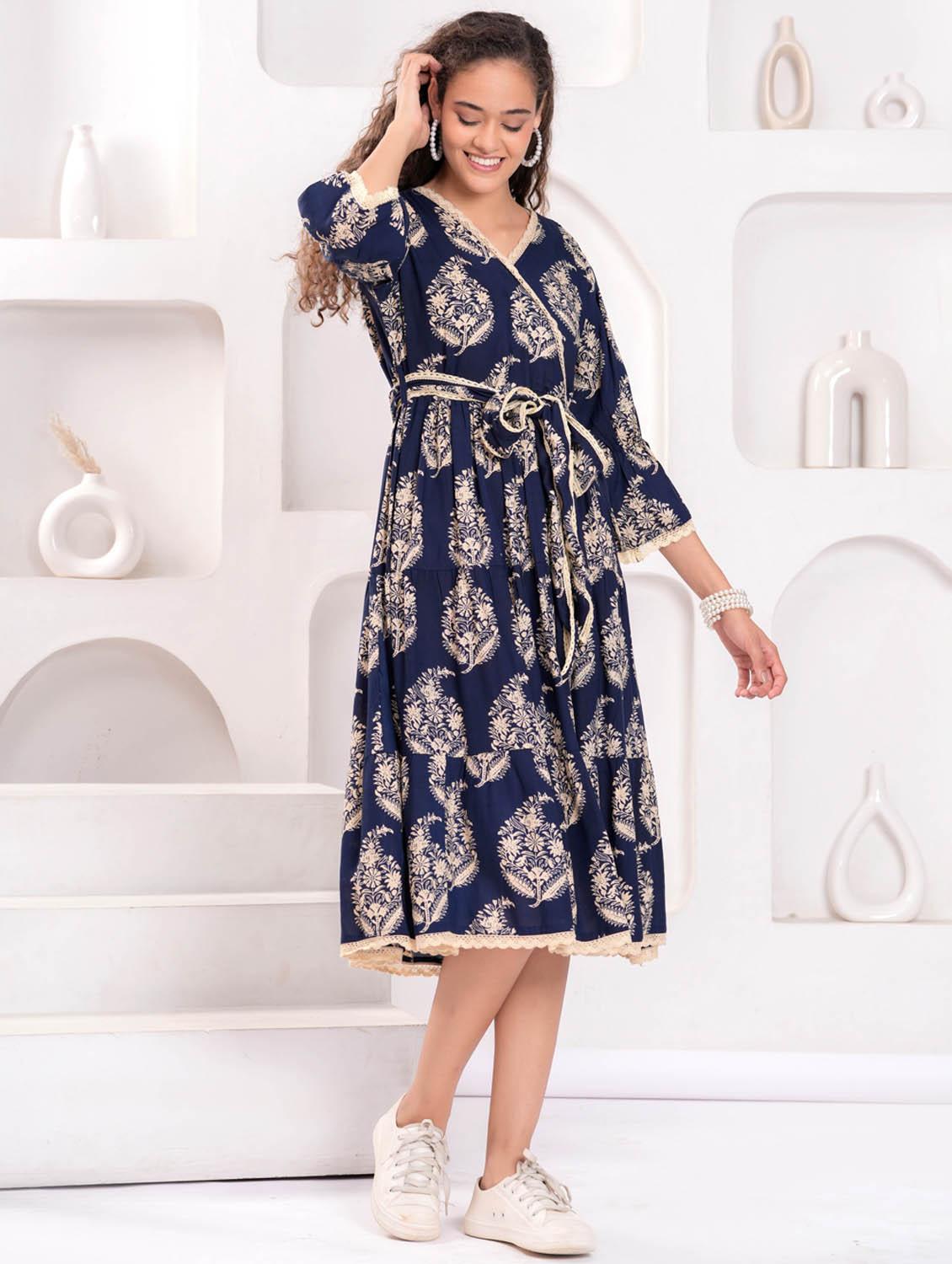 women printed overlap neck tiered dress - 21981546 - Standard Image - 5