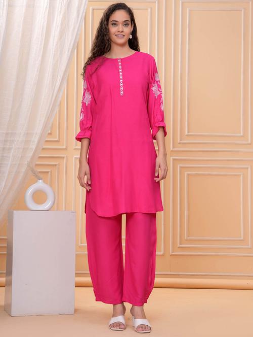 women embroidered round neck kurta and palazzo set - 21981576 - Standard Image - 0