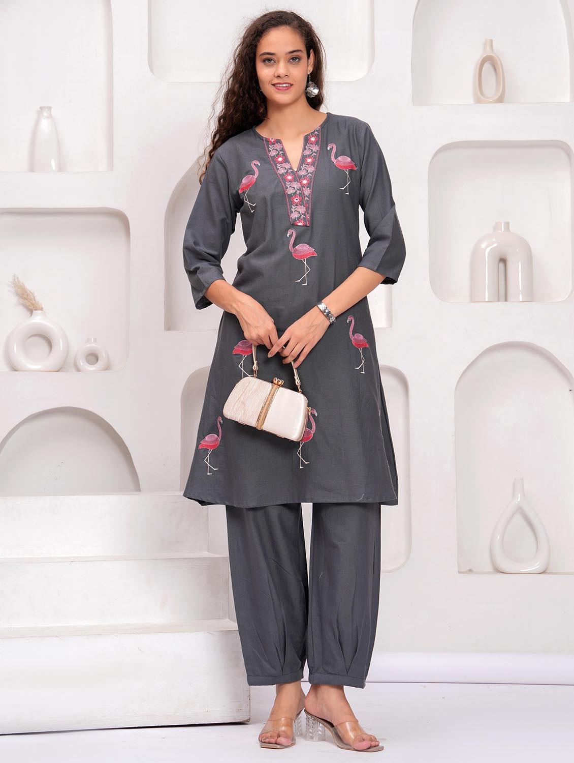 women embroidered notch neck kurta and salwar set - 21981580 - Zoom Image - 0