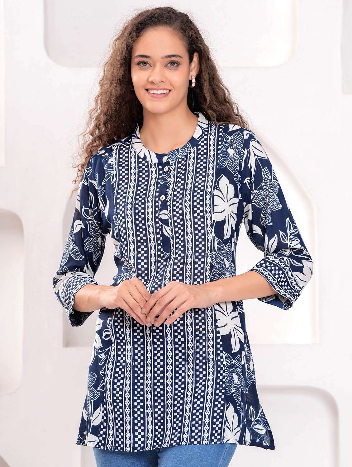 women printed round neck a-line kurti