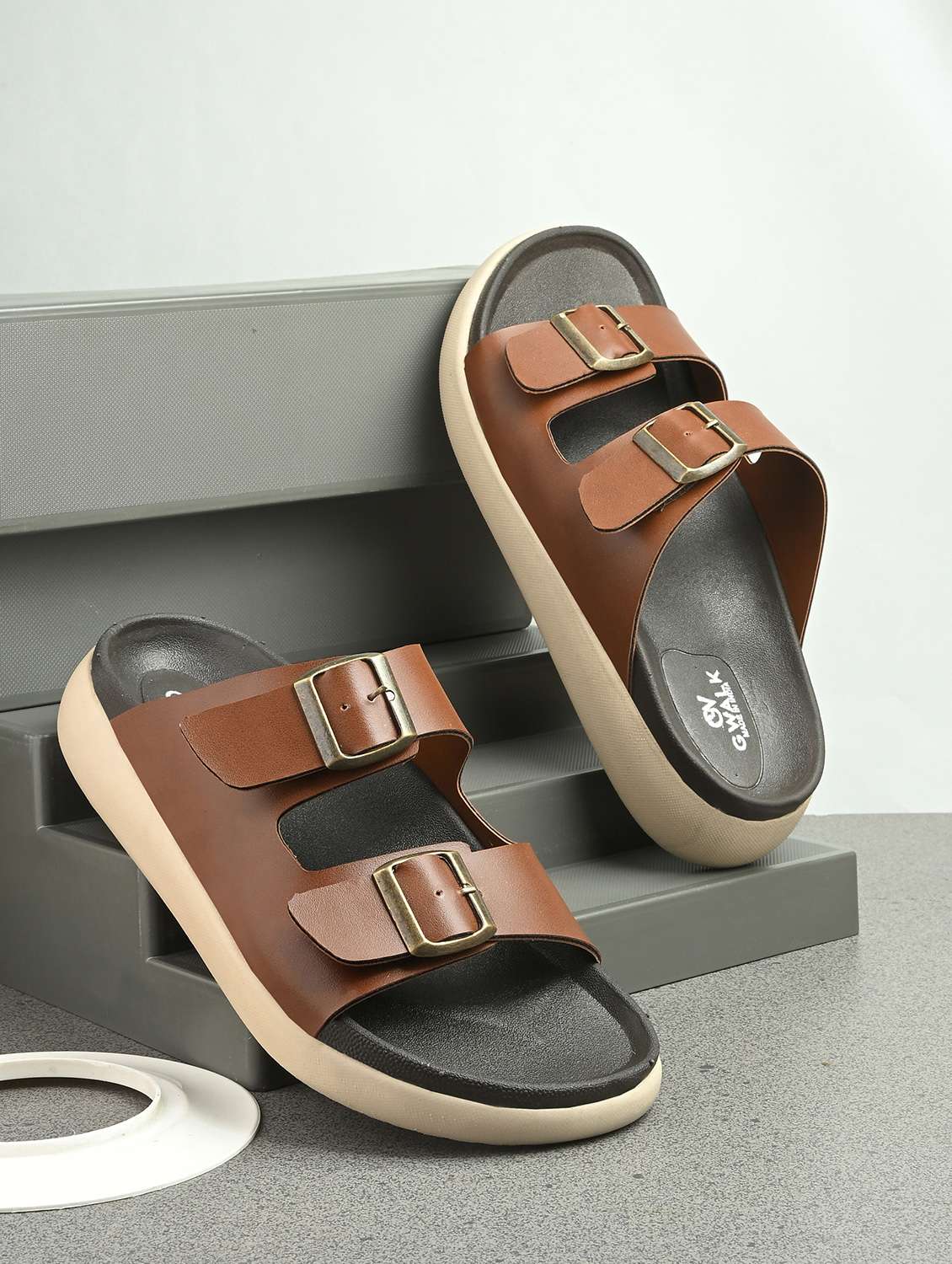 men tan solid slip on sandal
