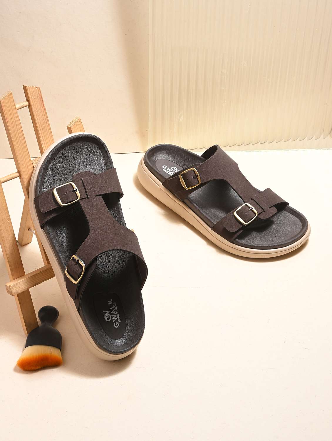 men brown solid slip on sandal