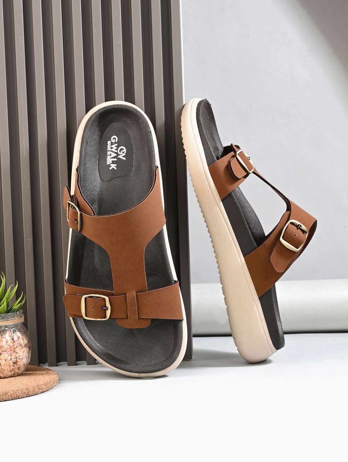 men tan solid slip on sandal