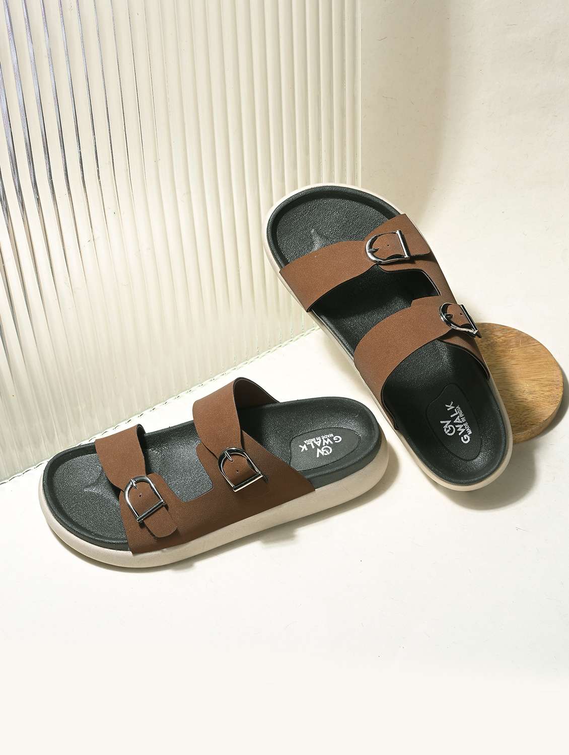 men brown solid slip on sandal