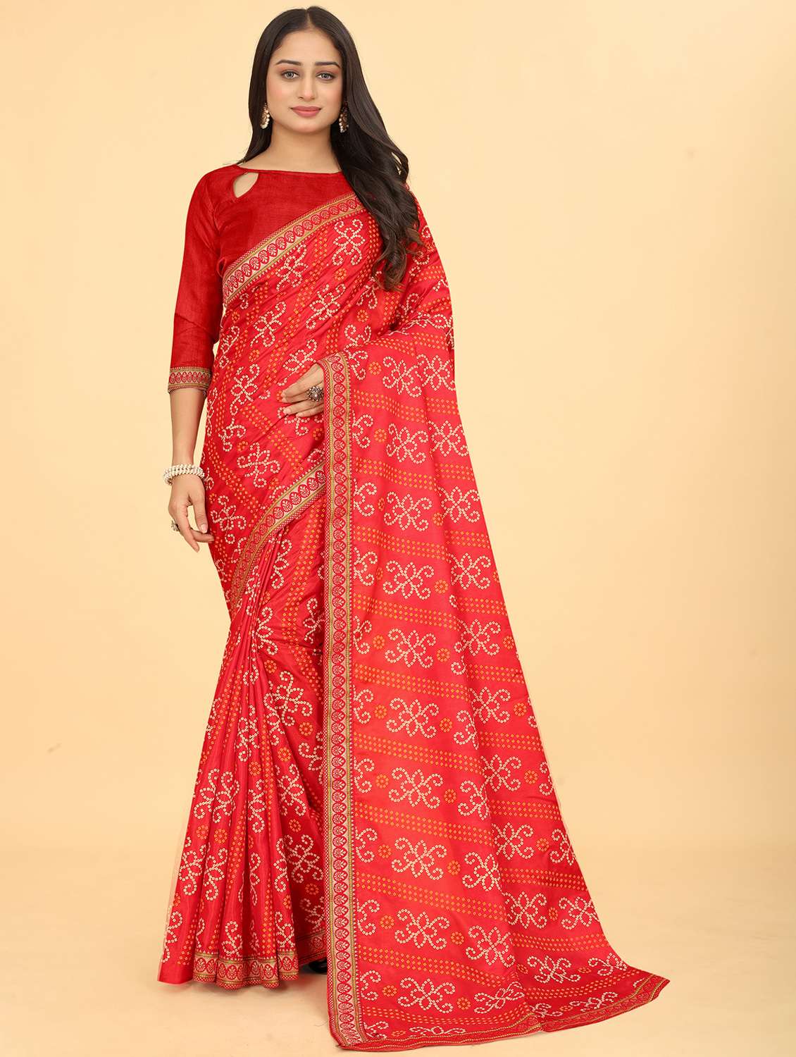 women bandhani printed saree with blouse