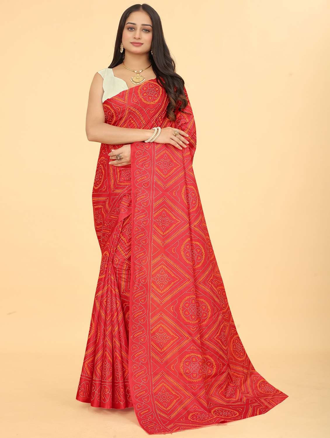 women bandhani printed saree with blouse