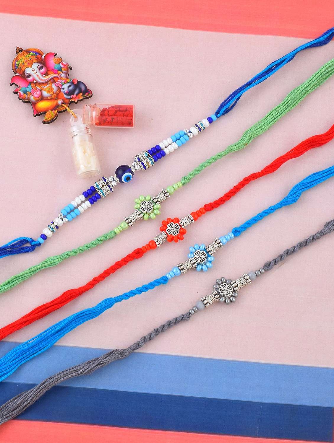pack of 5 silver plated beaded rakhi set - 21981751 -  Zoom Image - 0