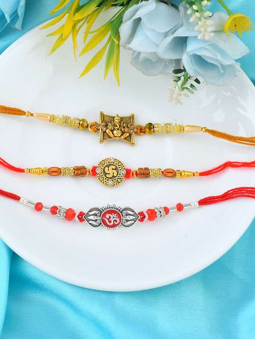 pack of 3 brass plated beaded rakhi set - 21981754 - Standard Image - 0