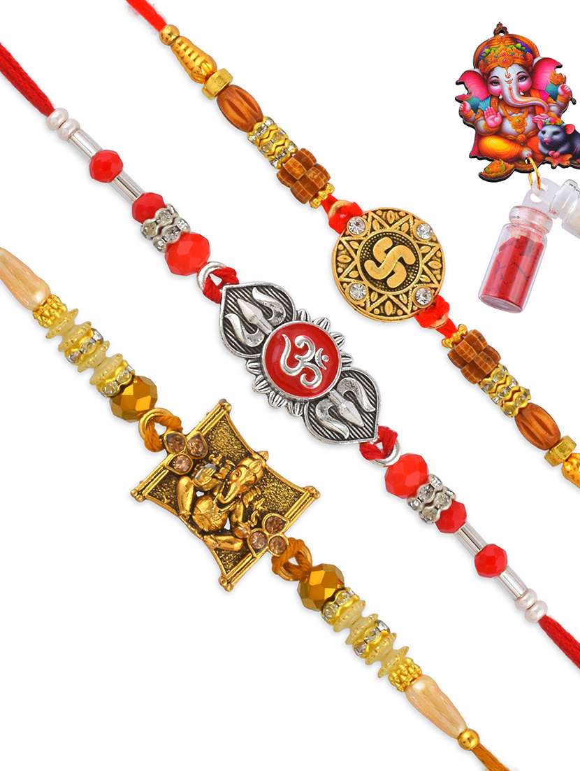 pack of 3 brass plated beaded rakhi set - 21981754 - Standard Image - 3