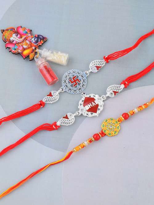 pack of 3 silver plated beaded rakhi set - 21981759 - Standard Image - 0