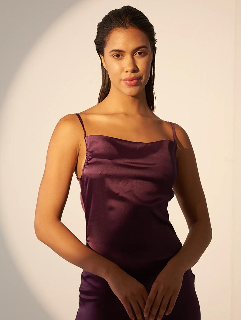 women solid shoulder strap cowl neck a-line dress - 21981774 - Standard Image - 5