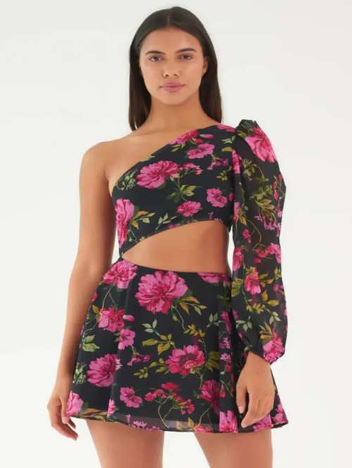 women floral print single shoulder cut out dress - 21981777 - Standard Image - 0