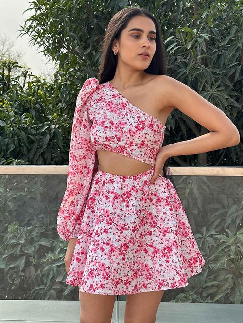 women floral print single shoulder cut out fit & flare dress - 21981790 - Standard Image - 0