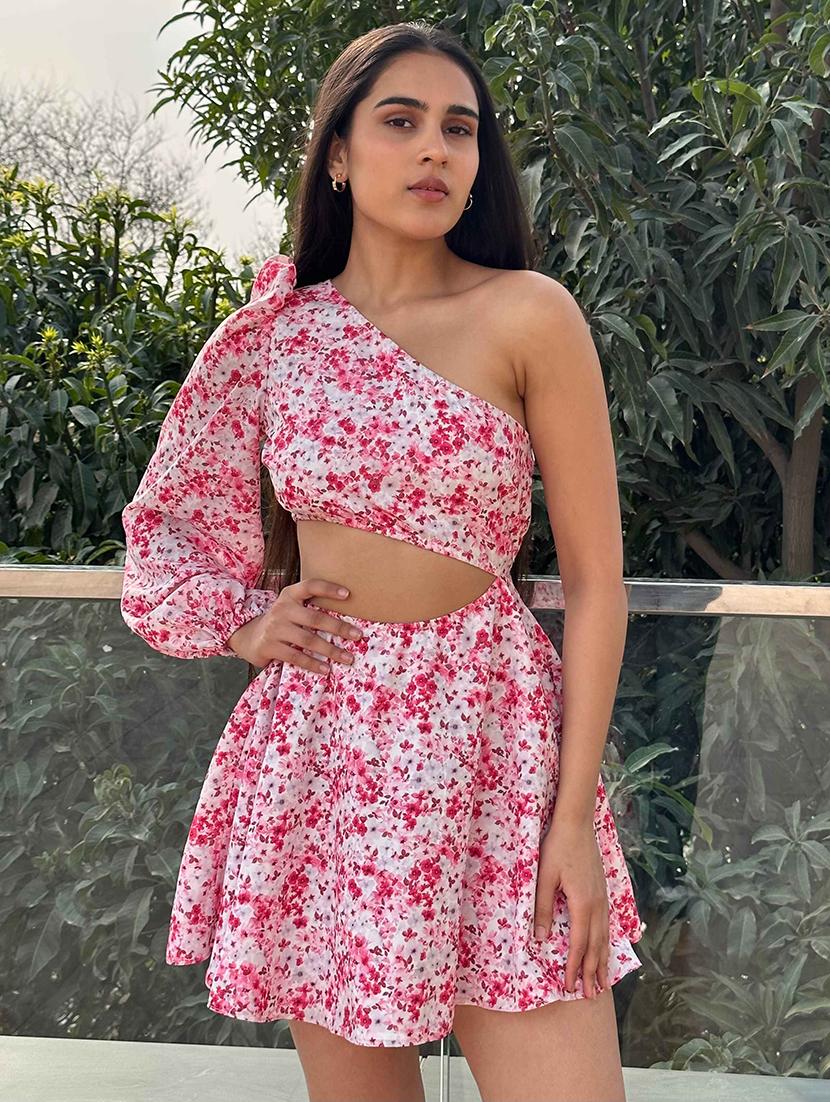women floral print single shoulder cut out fit & flare dress - 21981790 - Standard Image - 5