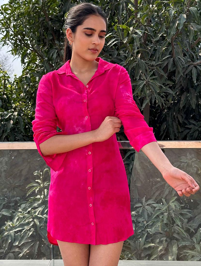 women pink solid collared shirt dress - 21981793 - Standard Image - 3