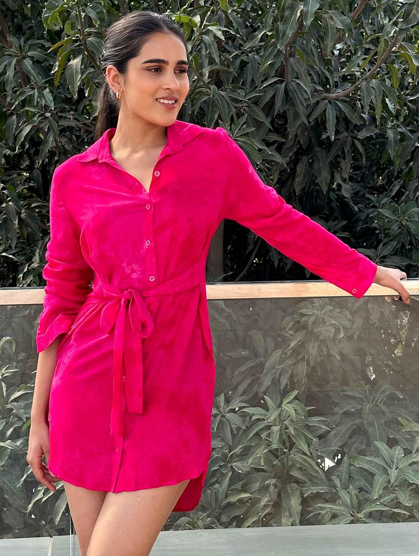 women pink solid collared shirt dress - 21981793 - Standard Image - 5