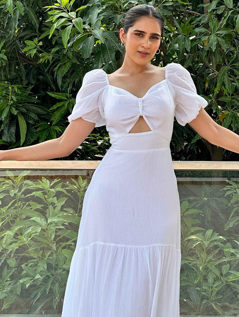 women white solid puff sleeve cut out tiered dress - 21981797 - Standard Image - 3