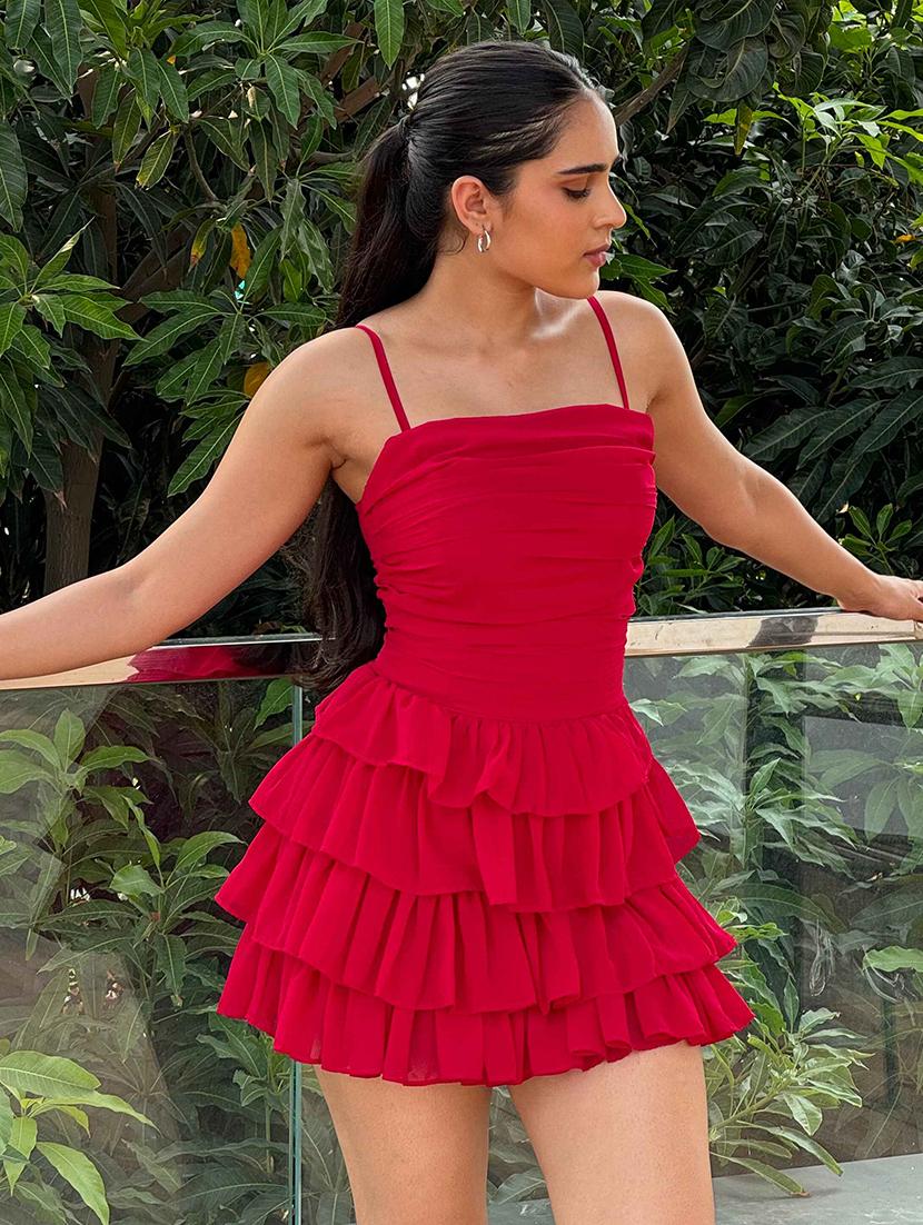 women red solid shoulder strap layered dress - 21981800 - Standard Image - 3