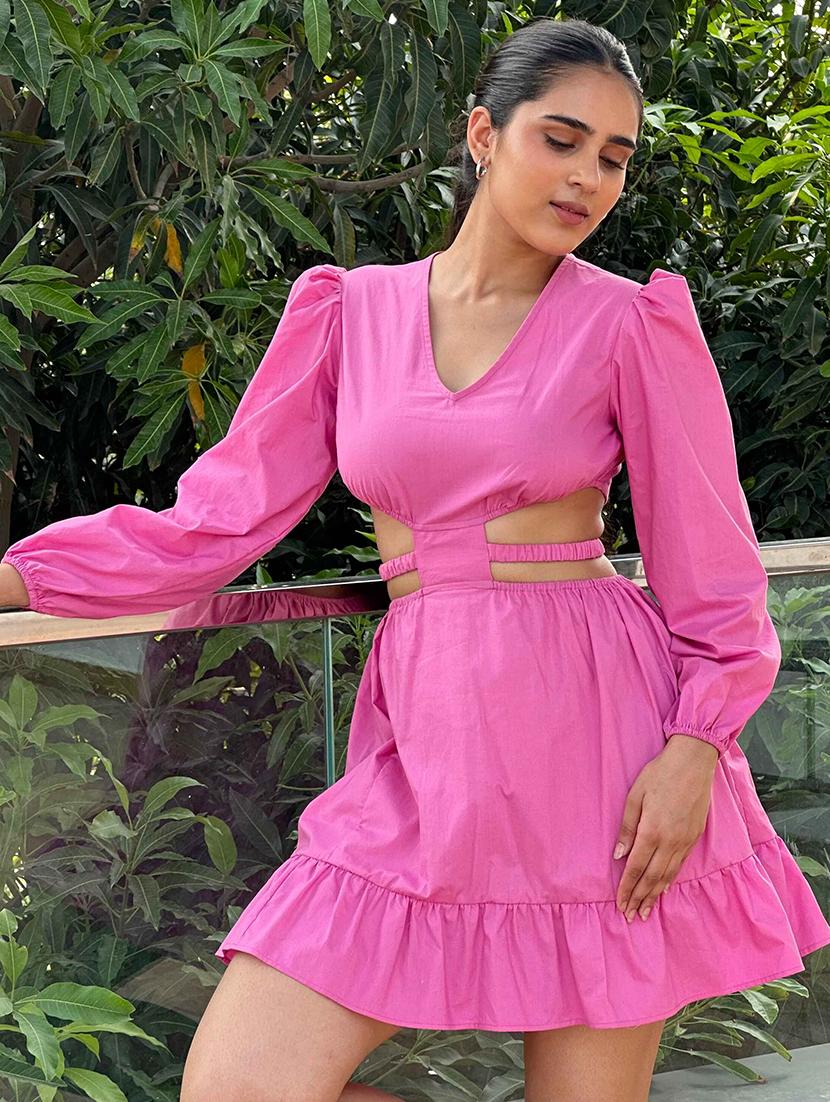 women solid puff sleeve cut out tiered dress - 21981803 - Standard Image - 5