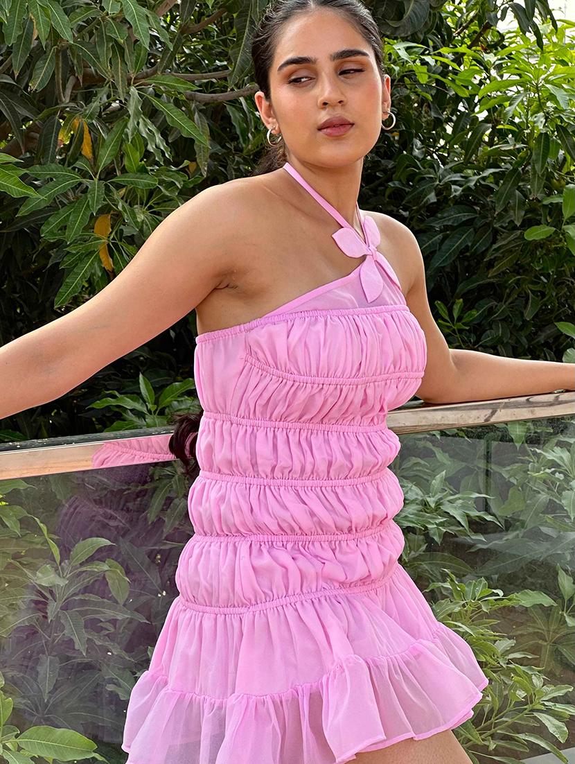 women pink solid halter neck tiered dress - 21981806 - Standard Image - 3