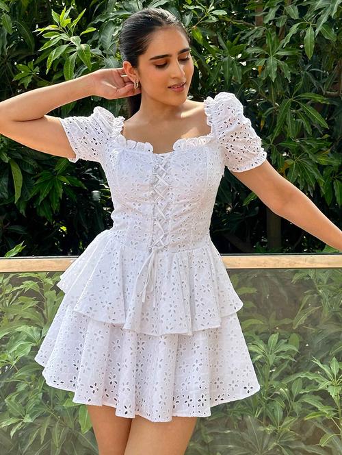 women solid puff sleeve schiffli layered dress - 21981808 -  Standard Image - 0