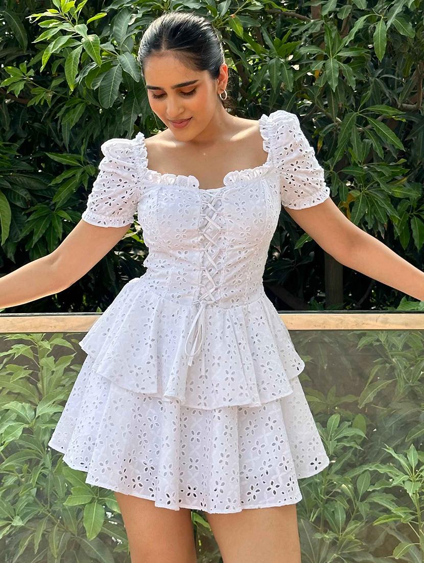 women solid puff sleeve schiffli layered dress - 21981808 - Standard Image - 3