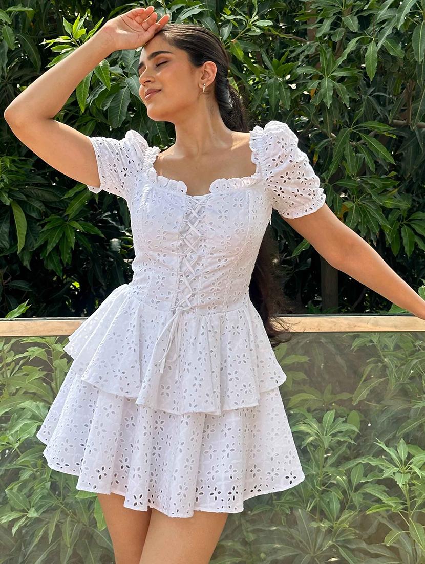 women solid puff sleeve schiffli layered dress - 21981808 - Standard Image - 8